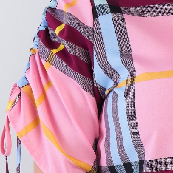 Plaid Multi Stripe Cinched Sleeve Button Down Top - Picture 3 of 4